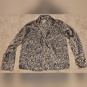 Womens Leopard Print Long Sleeve Satin Top